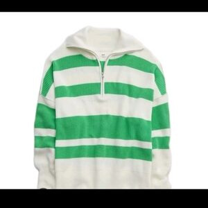 Aerie Womens Green And White Boxy Oversized Knit 1/4 Zip Rugby Sweater M